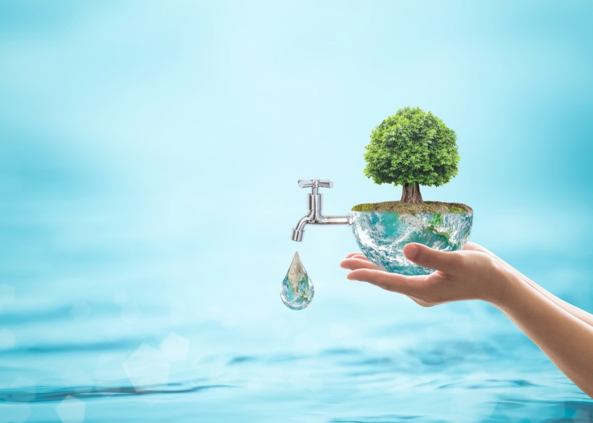image showing a hand holding water dripping from a sink with a tree on top