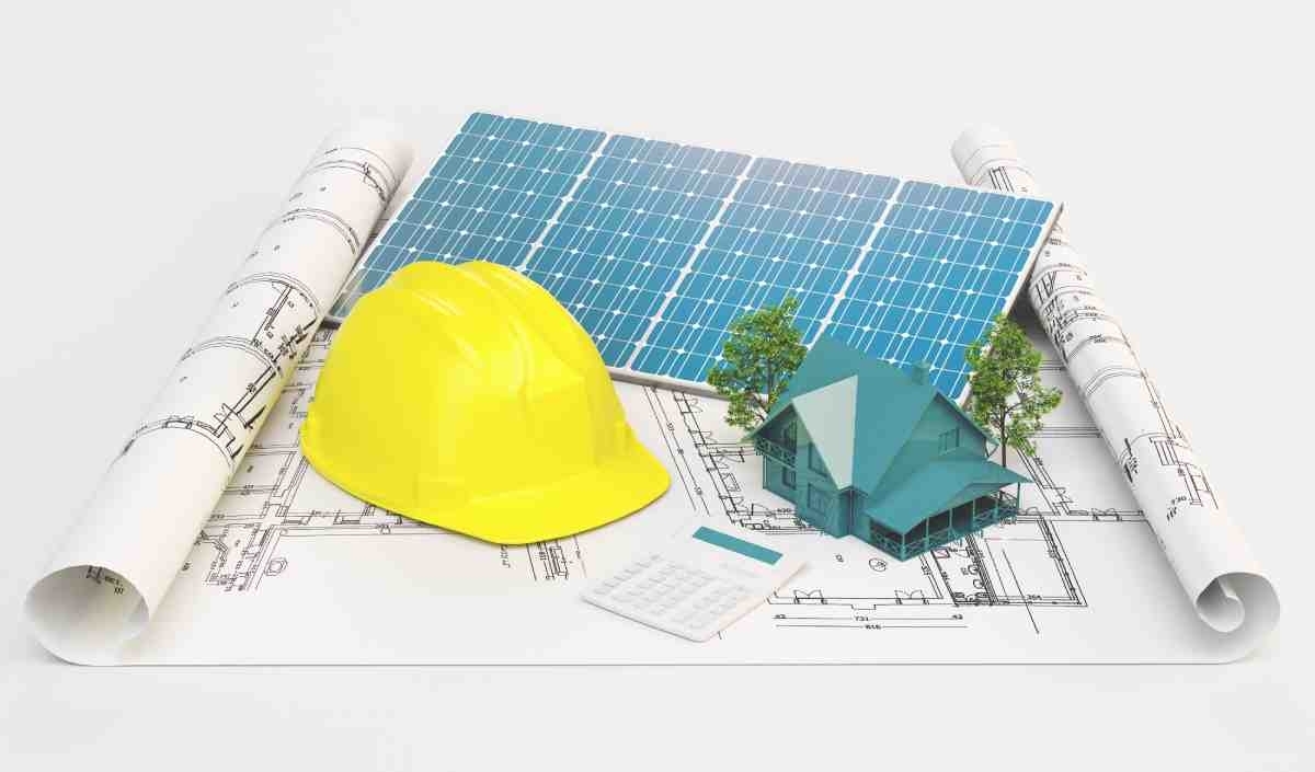 image showing a project for solar panels, a worker's hat, a small house and some miniature solar panels