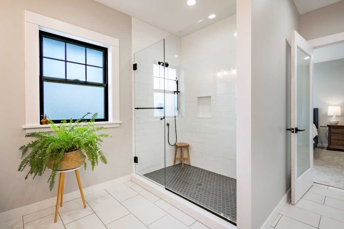 image displaying a bathroom with a walk-in shower