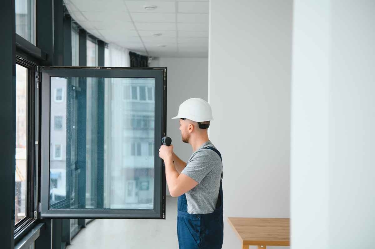 image showing professional inspecting window