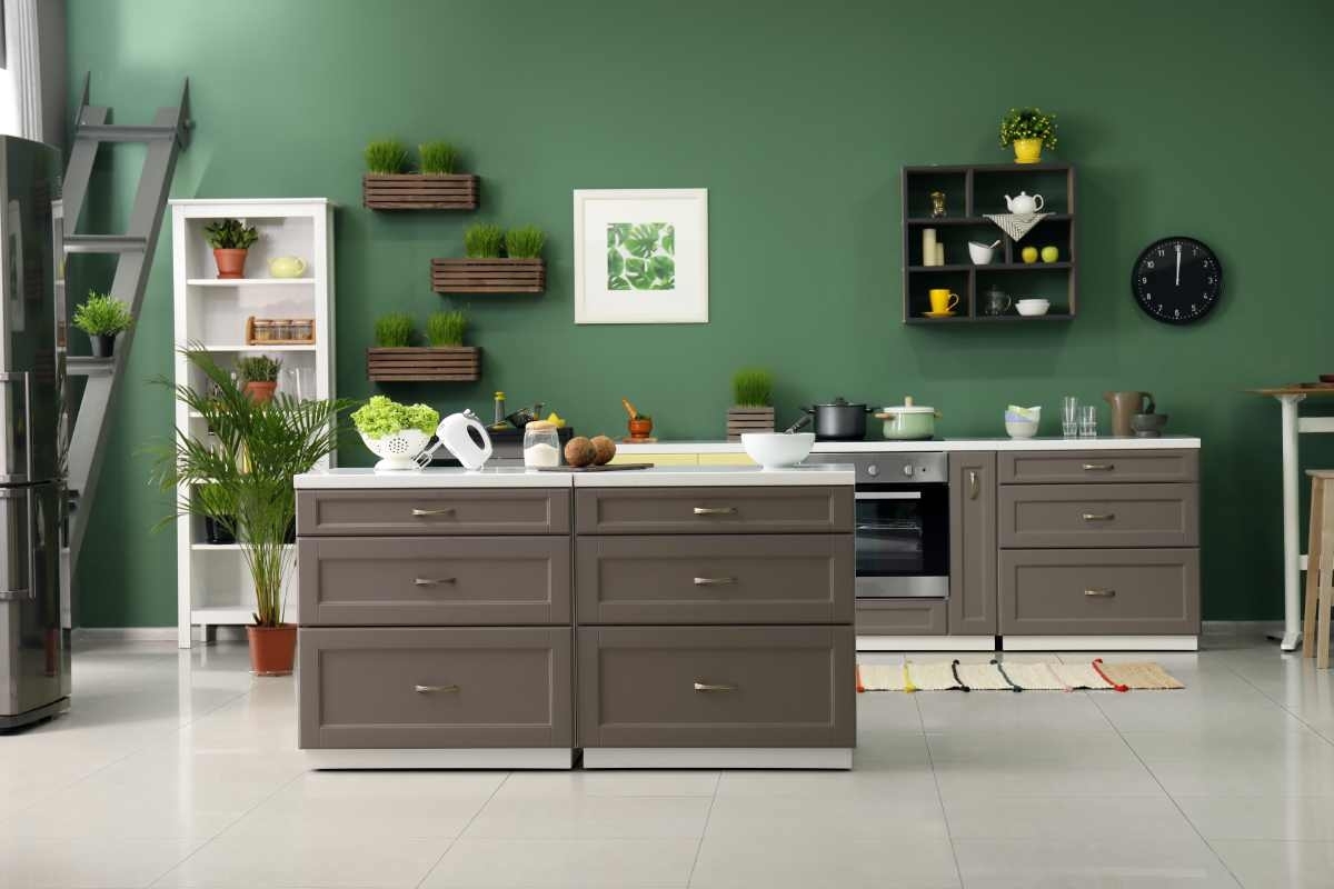 image showing colorful kitchen with open pantry shelves