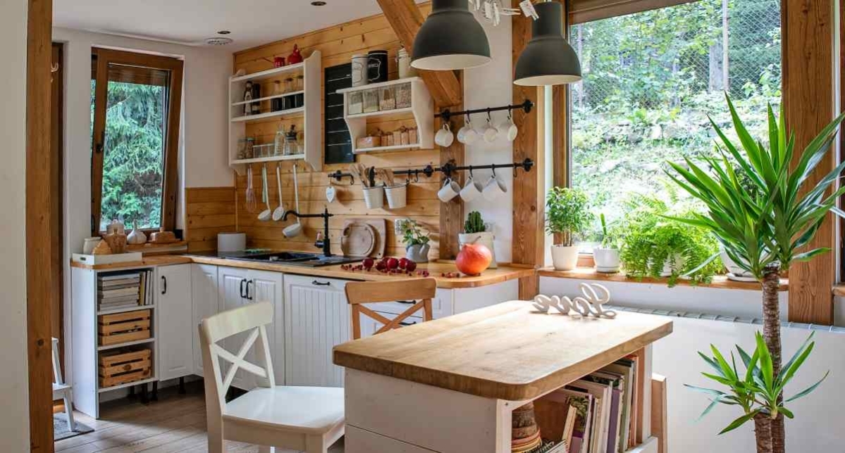 image showing rustic open shelving kitchen