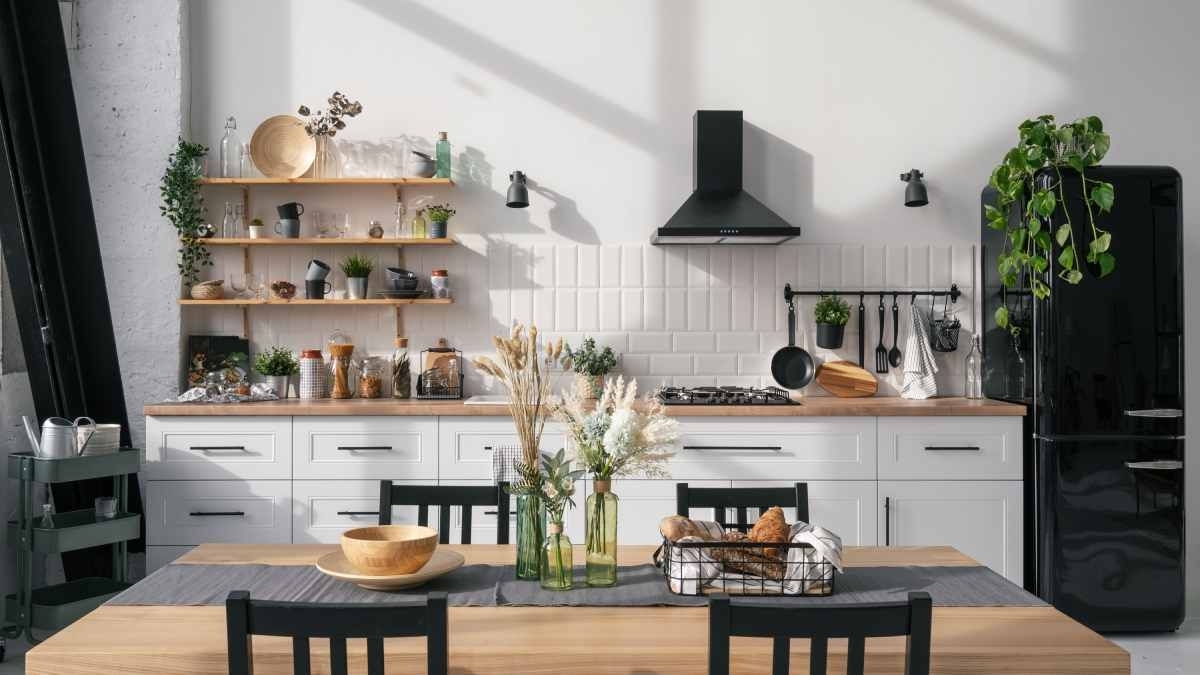 image showing spacious kitchen with open shelves