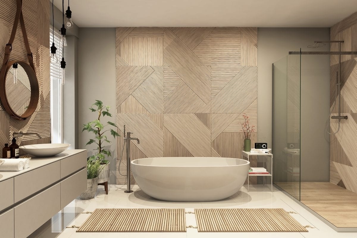 image showing a modern beige bathroom with geometric tiles