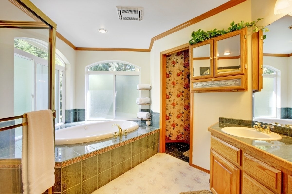image showing bathroom in traditional style with wood bathroom shelving and wood bathroom vanity