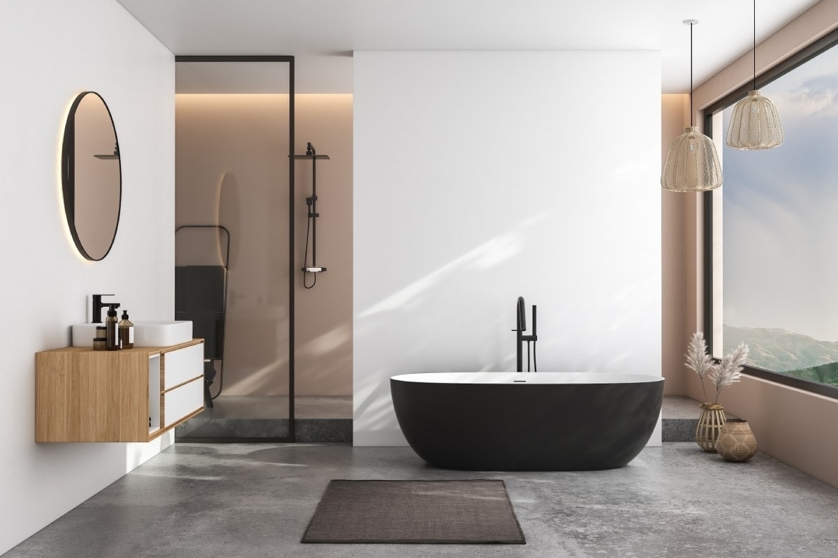 image showing modern minimalist bathroom with grey flooring