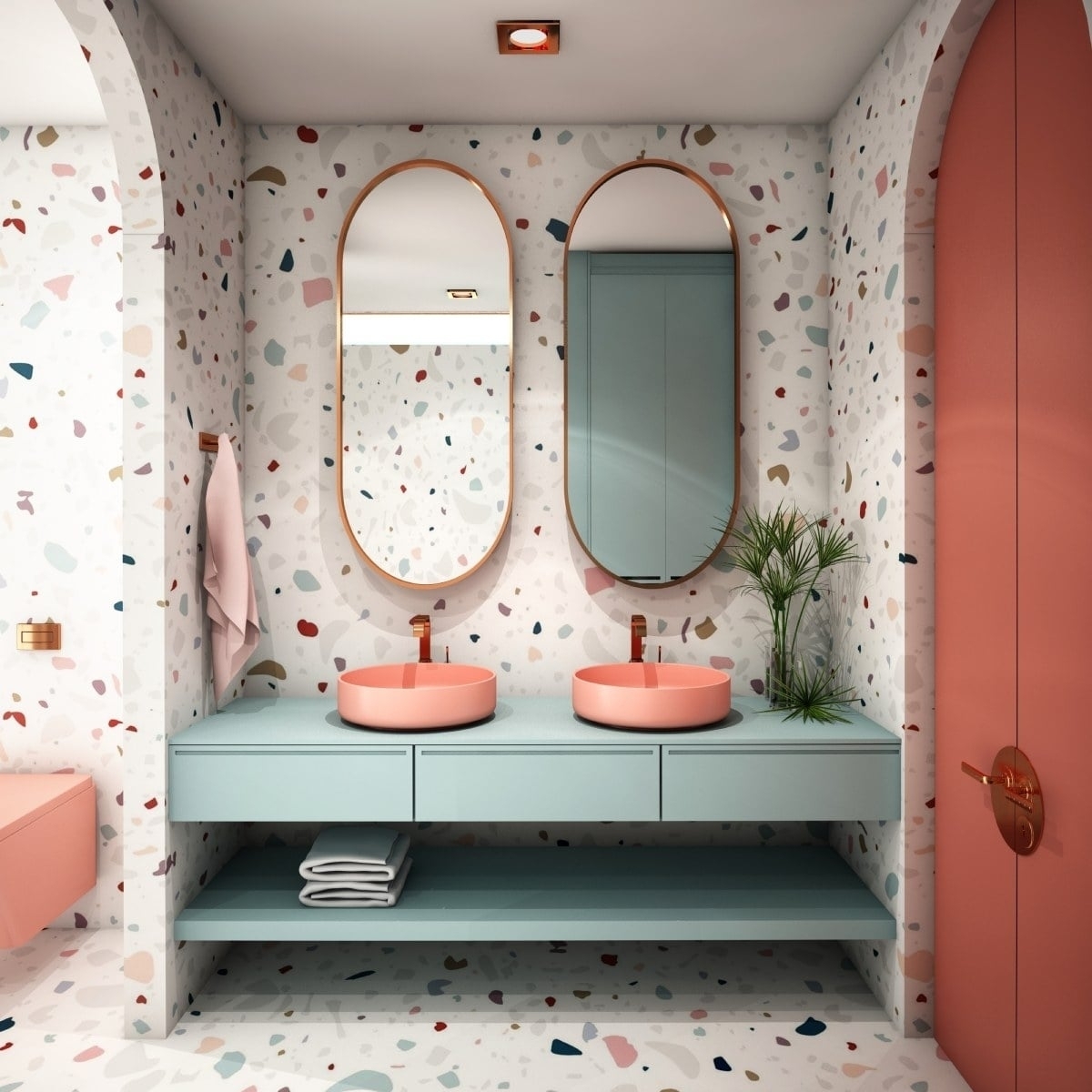 image showing a bathroom with a colorful wallpaper