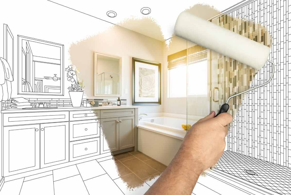 image showing a hand painting a picture of a bathroom being remodeled