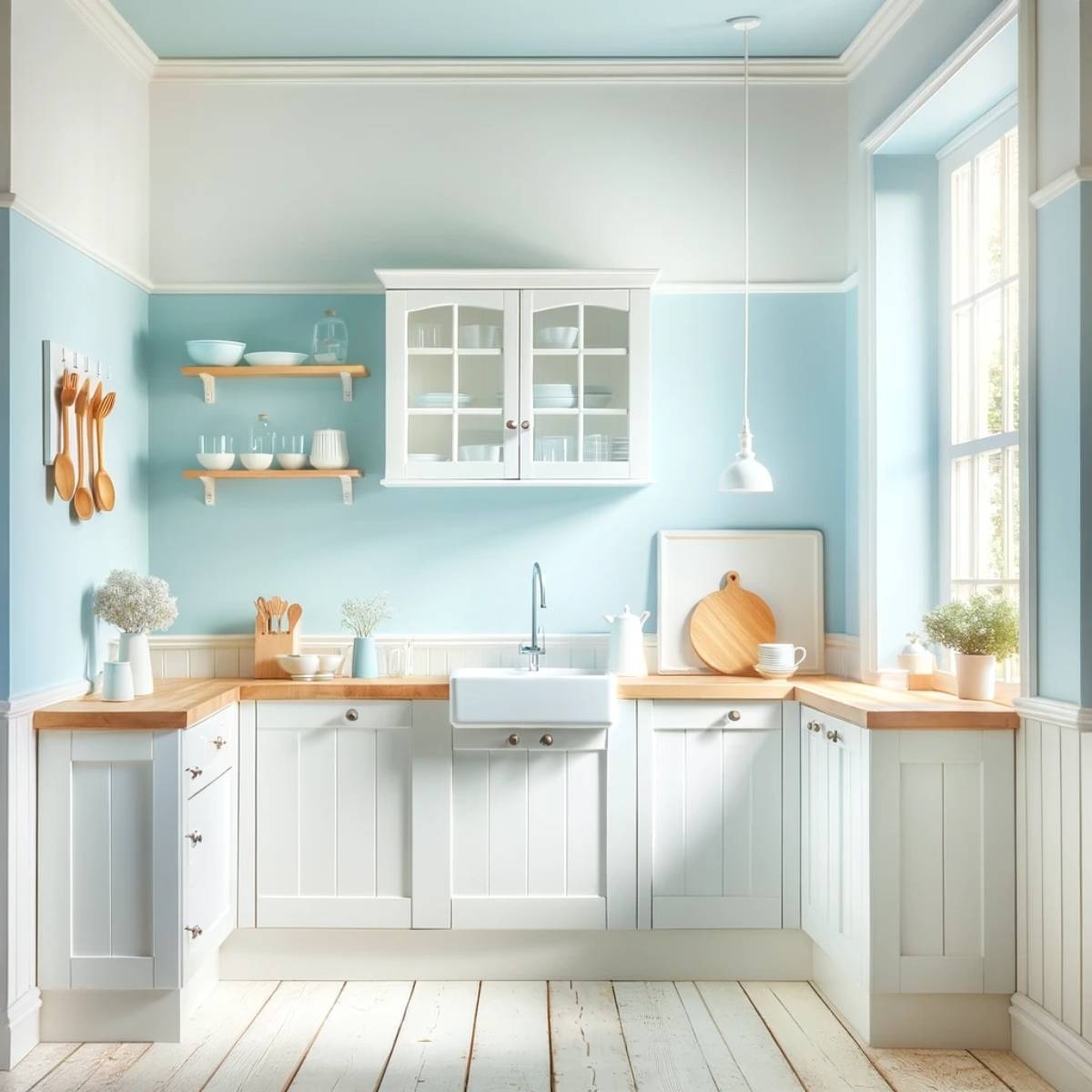 image showing a small kitchen in pastel colors