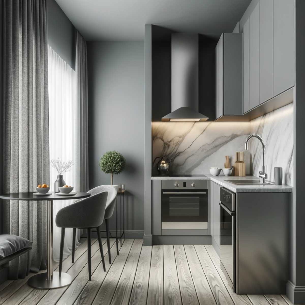 image showing a small kitchen in bold colors