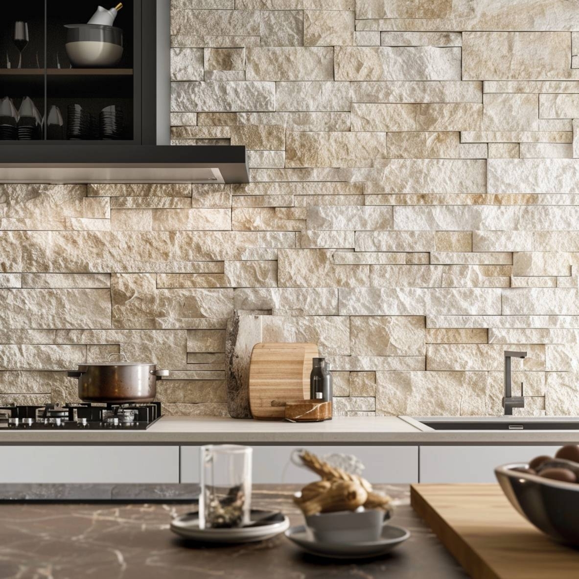 Kitchen view with textured stone wall, stove, sink, and spice bottle.