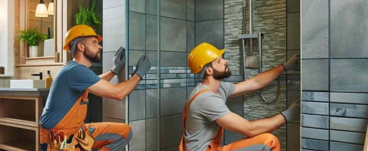 contractors in the bathroom updating shower