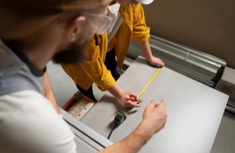 Two men working together take measurements of a kitchen cabinet.