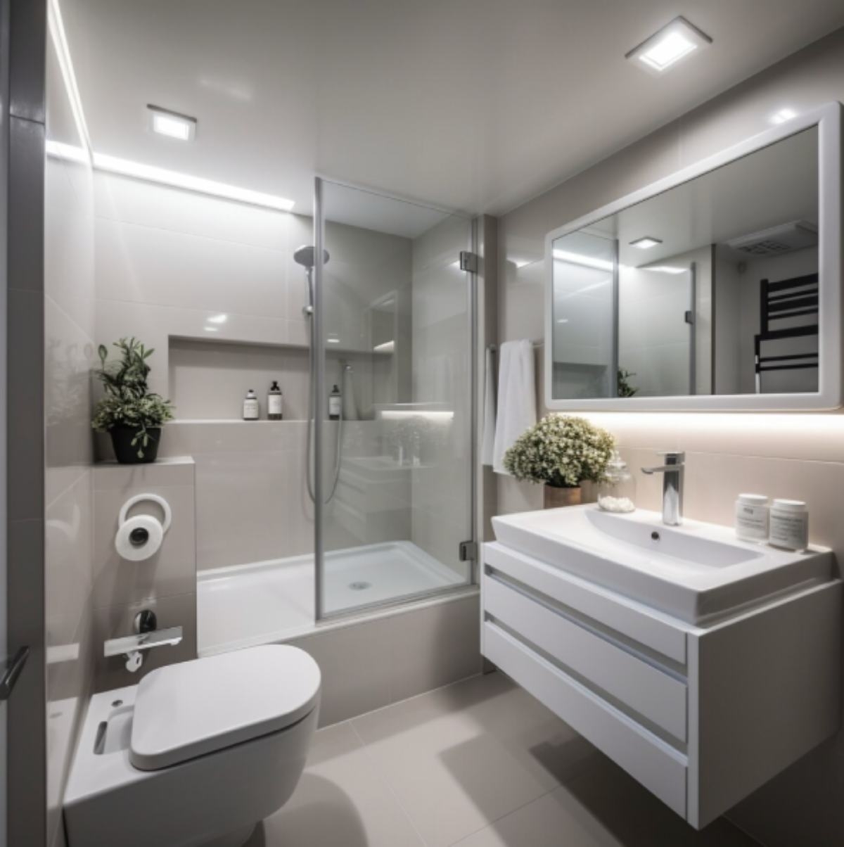 Minimalist bathroom with clean lines and a sliding glass shower door.