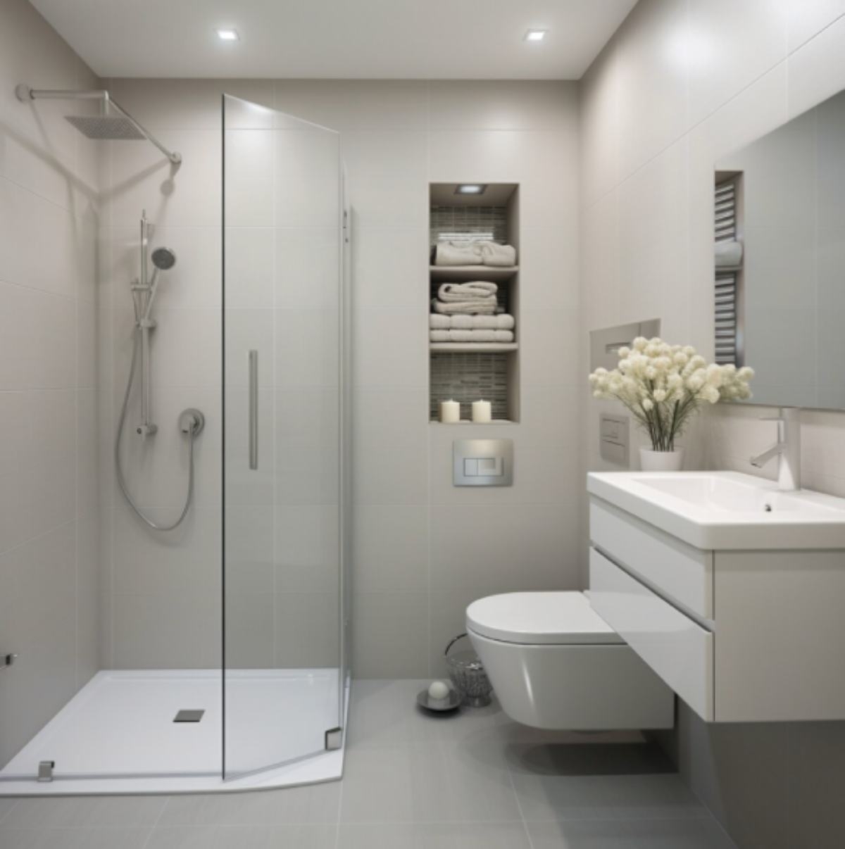 Simple bathroom with open, frameless glass shower door. 