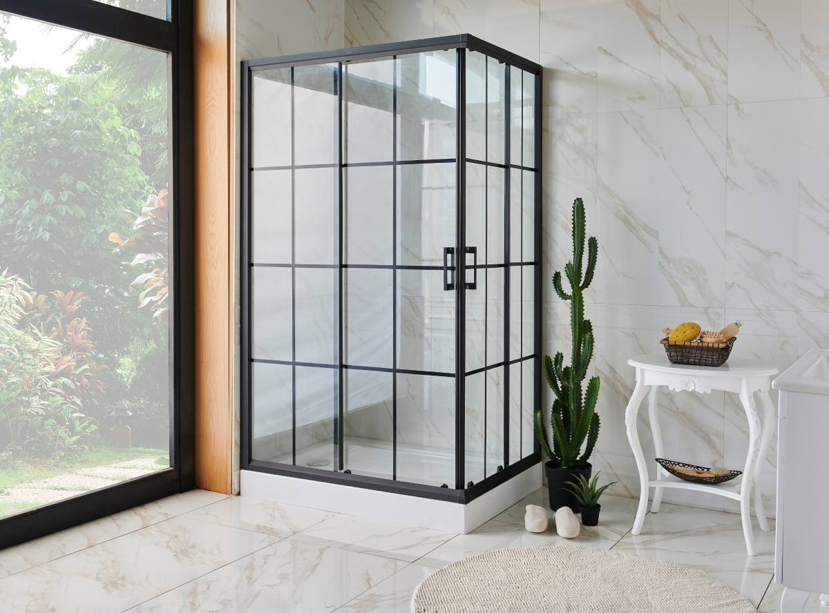 shower with glass walls and black finished