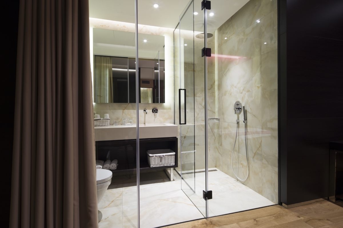 Bathroom with fiber glass door