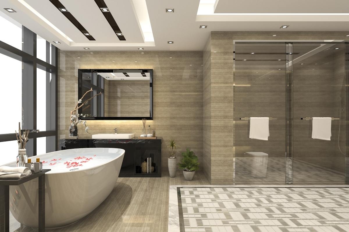 big bathroom with walk in shower and wooden walls